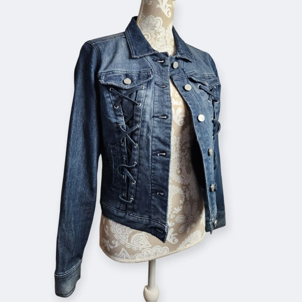 Cato Dark Wash Denim Trucker/Western Jacket With Front Lace-Up Details Size M